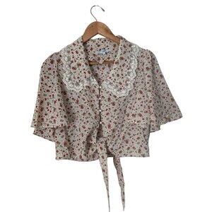 Womens Sz S Coquette Romantic Cottagecore Flare Sleeve Pearl Button Down Blouse